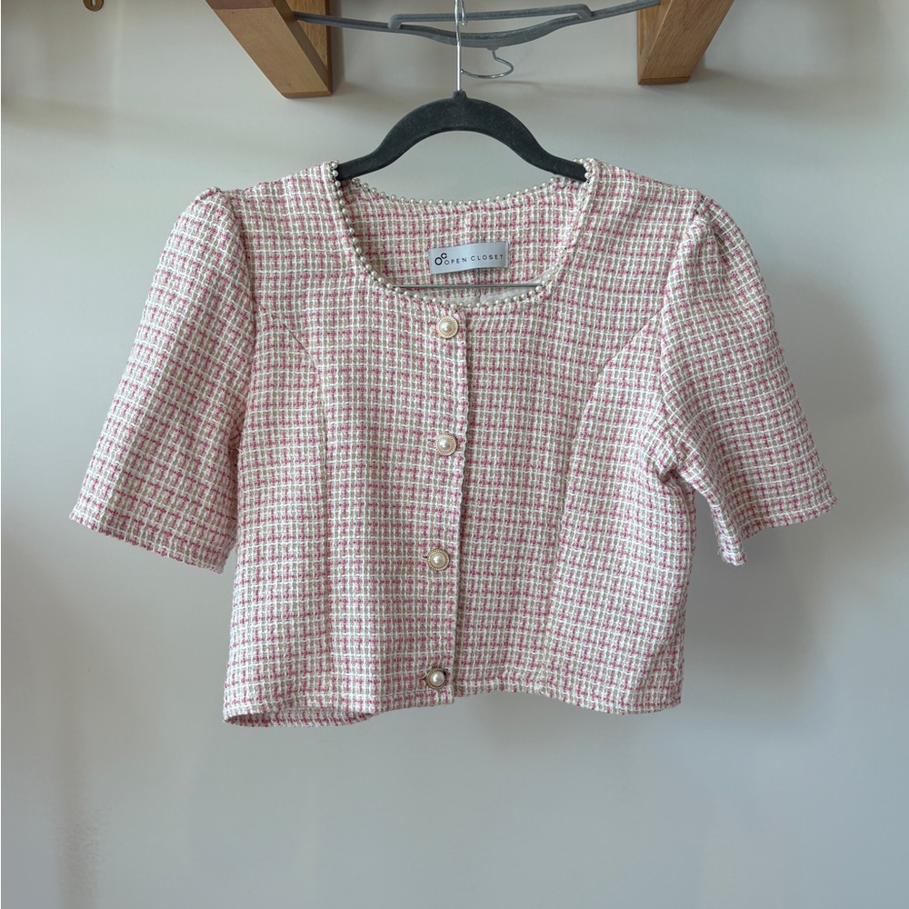 Korean Pink Tweed Button-Up Jacket